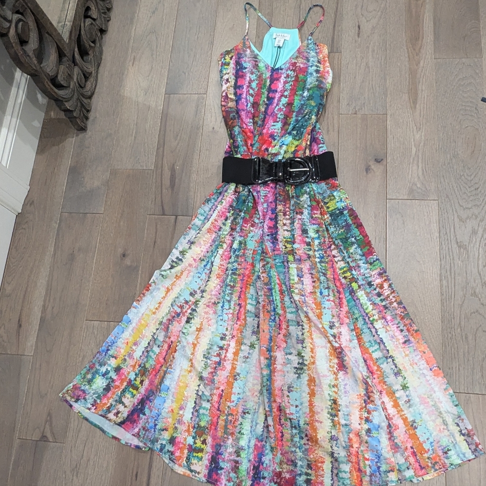 NWT Nicole Miller Colorful Watercolor Satin Maxi Dress With Pockets XS